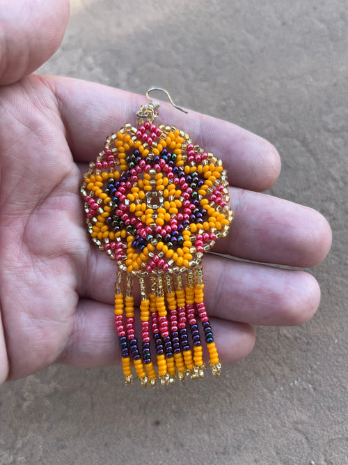 Handmade MultiColor Beaded Dangle Earrings (Gold, Yellow, & Pink
