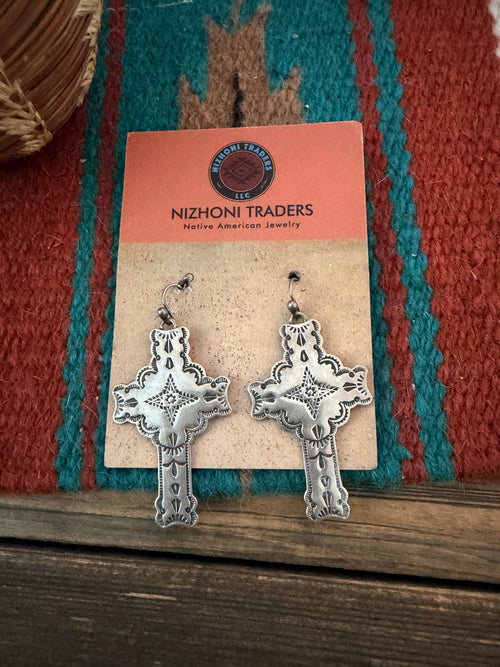 Handcrafted Old Pawn Sterling Silver Cross Dangle Earrings