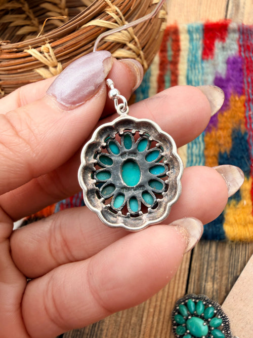 Old Pawn Handmade Sterling Silver & Turquoise Cluster Dangle Earrings