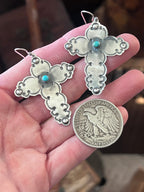 Hand Stamped Cloud Design Sterling Silver Cross Dangle Earrings with Kingman Turquoise by Kimari Somers