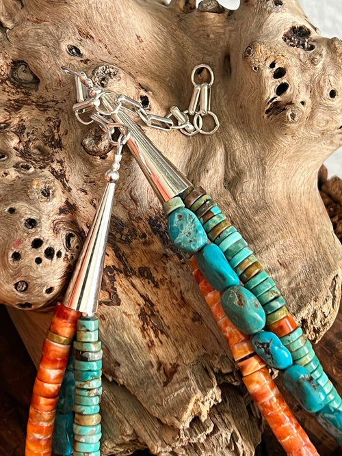 Daniel Coriz Triple Strand Spiny Oyster and Turquoise Beaded Necklace w/ Removable Sterling Silver & Stone Inlay Bead