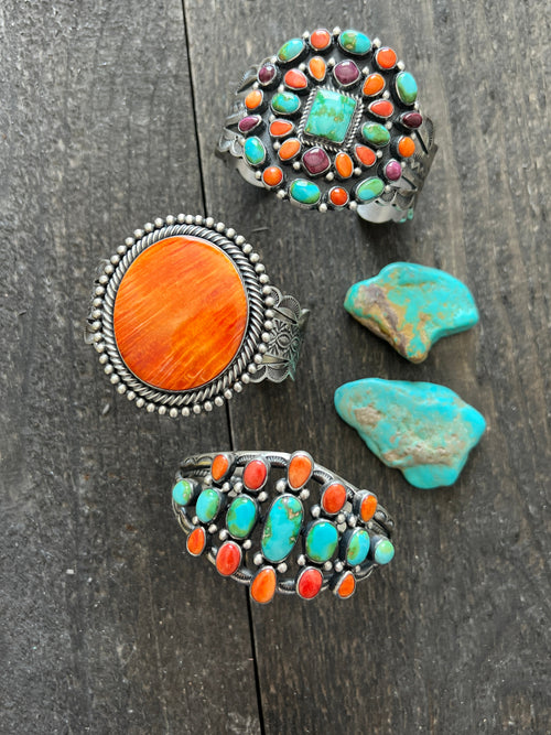 Navajo Hand Stamped Sterling Silver, Sonoran Turquoise and Spiny Oyster Shell Cluster Cuff Bracelet by Diane Wylie