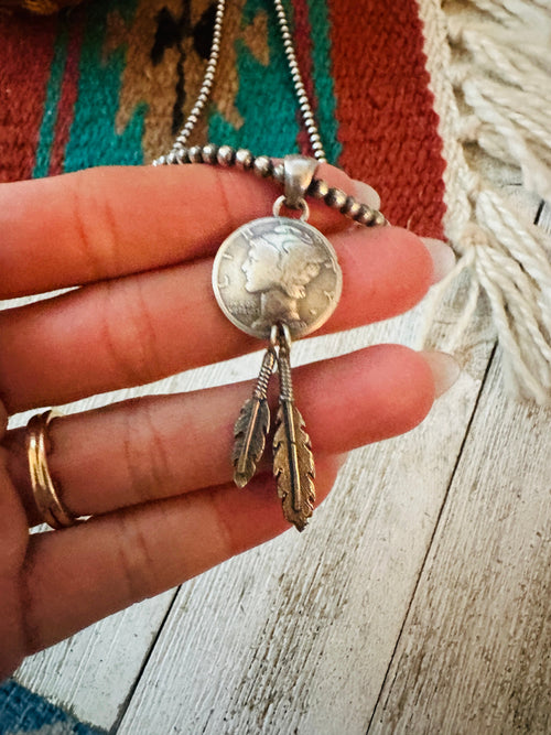 Navajo Sterling Silver Pearl Liberty Dime Feather Beaded Necklace