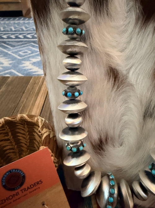 Handcrafted Turquoise & Sterling Silver Beaded Necklace and Earring Set