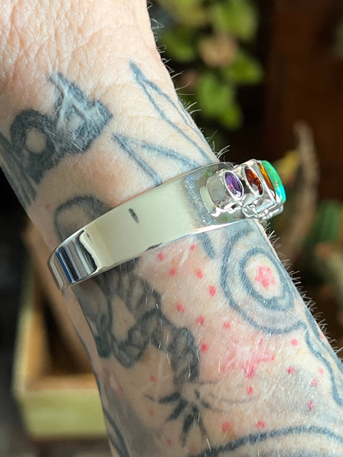 Navajo Made Sterling Silver Gems & Jewels Stacker Cuff Bracelet by Lucy Jake, Wider