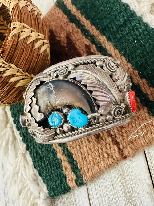 Old Pawn Navajo Turquoise, Coral & Sterling Silver Cuff Bracelet