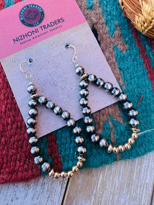 Sterling Silver & Gold Plated Navajo Pearl Style Beaded Dangle Hoop Earrings