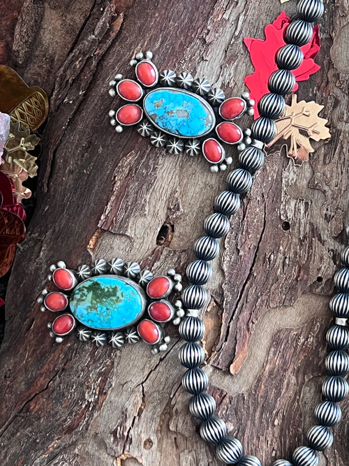 Taos Collection: Handcrafted Sterling Silver, Kingman Turquoise & Mediterranean Red Coral Necklace by Mark Yazzie
