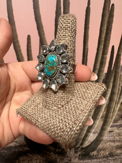 Beautiful Handmade Sonoran Mountain Turquoise , CZ And Sterling Silver Adjustable Ring