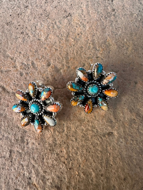 Handmade Sterling Silver, Spice, Turquoise Post Cluster Earrings Signed Nizhoni