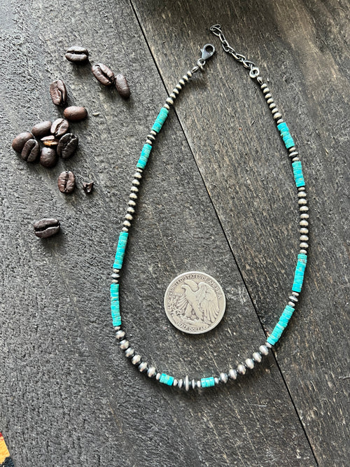 Summer Lovin’ Navajo Beaded Layering Necklace with Sterling Silver and Turquoise, 15” + 2”, The Wave Runner