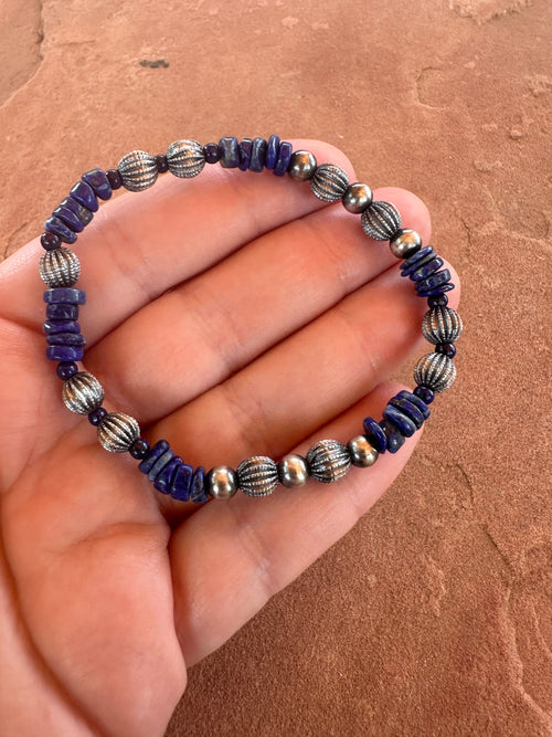 Handmade Lapis & Sterling Silver Beaded Stretch Bracelet