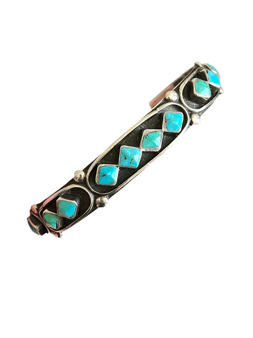 Vintage Zuni Sterling Silver and Four Diamond Turquoise Panel Stacker Cuff Bracelet