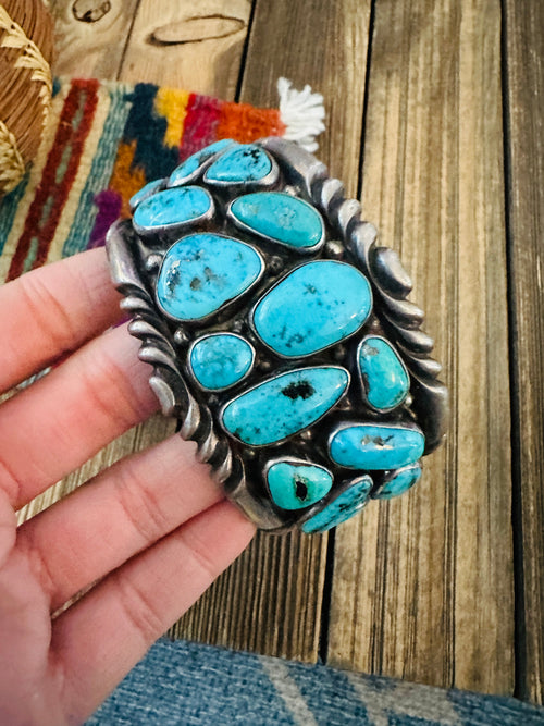 Handcrafted Old Pawn Sterling Silver & Turquoise Cluster Cuff Bracelet