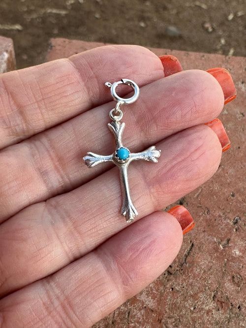 Navajo Crafted Sterling Silver and Turquoise Hand Stamped Cross Charm