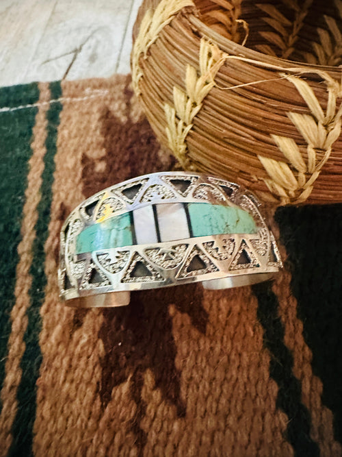 Old Pawn Navajo Turquoise, Mother of Pearl & Sterling Silver Inlay Cuff Bracelet
