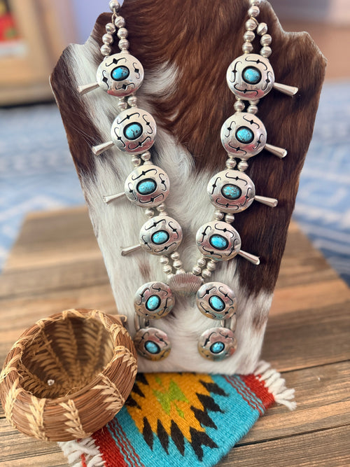 Old Pawn Handcrafted Turquoise & Sterling Silver Squash Blossom Necklace