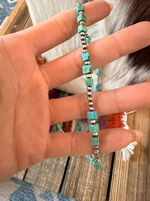 Handcrafted Turquoise & 3mm Sterling Silver Pearl Beaded Necklace
