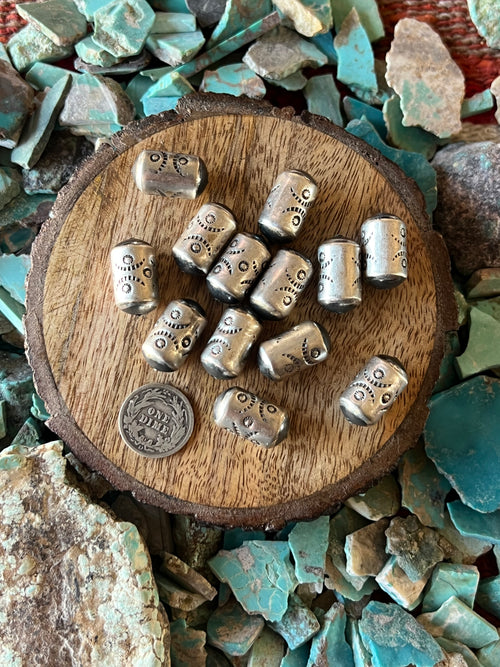 Handmade Stamped Sterling Silver Fat Barrel Beads, The Dancer