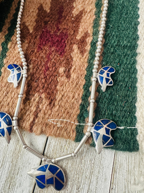 Vintage Old Pawn Navajo Sterling Silver & Lapis Fetish Bear Inlay Necklace