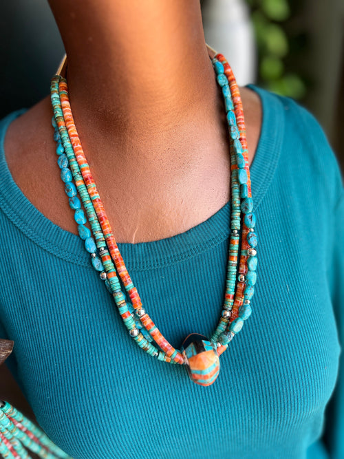 Daniel Coriz Triple Strand Spiny Oyster and Turquoise Beaded Necklace w/ Removable Sterling Silver & Stone Inlay Bead