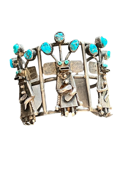 Amazing One of a Kind Antique Sterling Silver and Turquoise Yei Bi Chei Cuff Bracelet