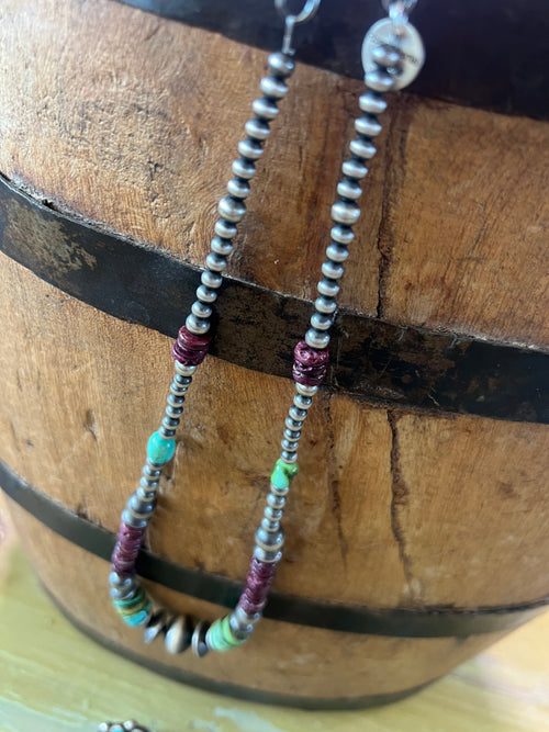 Navajo Electric Rainbow Sterling Silver, Turquoise and Purple Spiny Oyster Single Strand Beaded Necklace by Rose Martin, 16 + 2 Inches