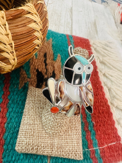 Old Pawn Zuni Sterling Silver & Multi Stone Inlay Owl Ring Size 7