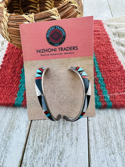 Handcrafted Old Pawn Sterling Silver & Multi Stone Inlay Hoop Earrings