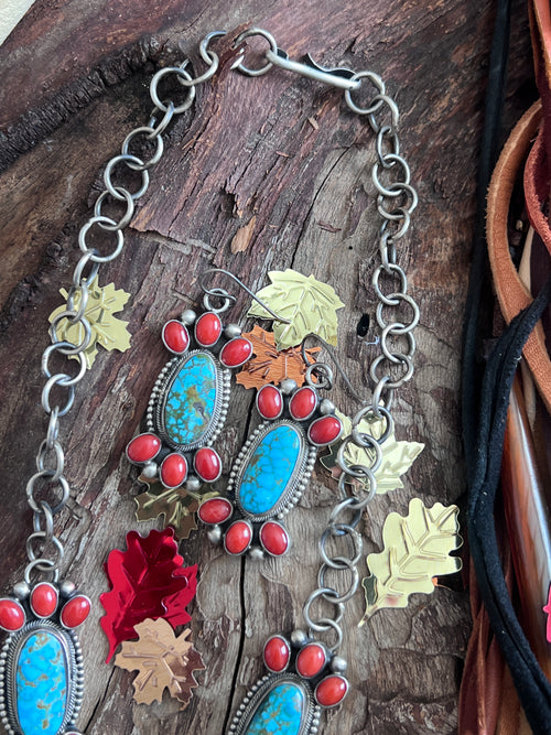 Taos Collection: Kathleen Chavez Sterling Silver, Kingman Turquoise & Mediterranean Coral Necklace and Earrings Set