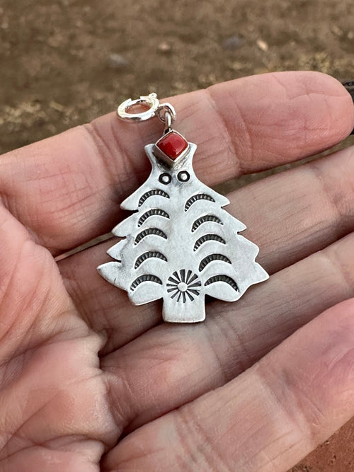 Handmade Sterling Silver and Coral CHRISTMAS TREE Charm