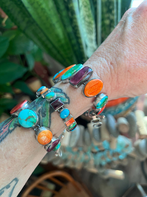 Loretta Delgarito Sterling Silver Electric Rainbow Link Turquoise and Spiny Oyster Bracelet, Ovals & Rectangles
