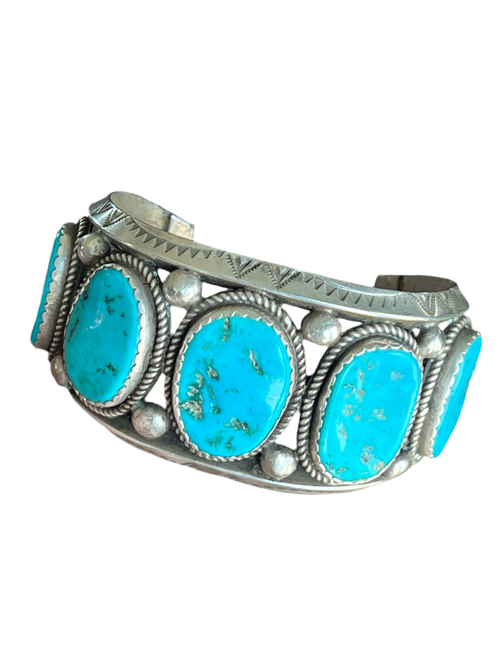Old Pawn Navajo Sterling Silver and Natural Sleeping Beauty Turquoise Cuff Bracelet, Signed D