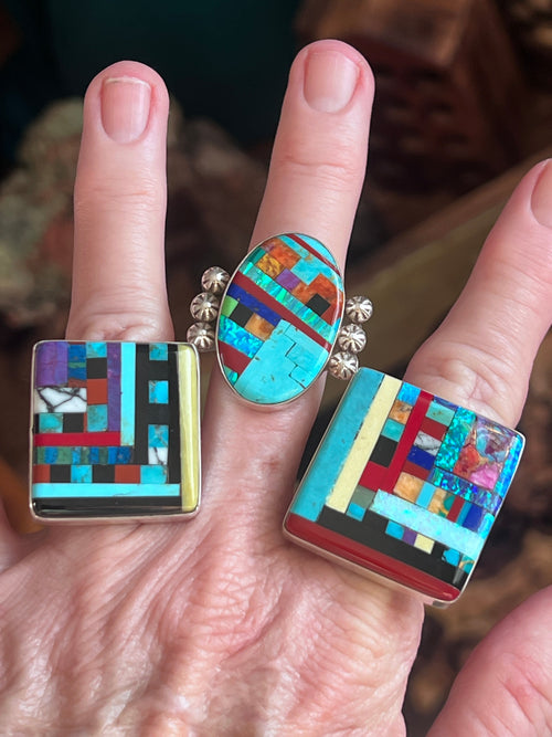 Ronald Chavez Electric Rainbow Sterling Silver Square Mosaic Multistone Ring, Size 10