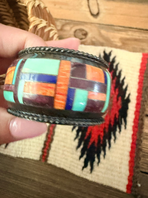 Handcrafted Old Pawn Sterling Silver & Multi Stone Inlay Cuff Bracelet