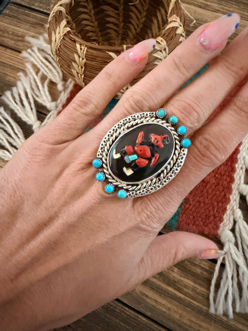 Old Pawn Handcrafted Multi Stone & Sterling Silver Inlay Kachina Ring Size 8.75