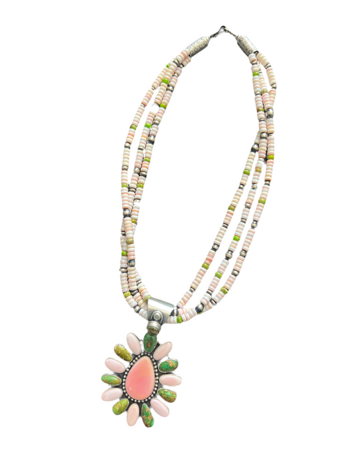 Navajo Sonoran Gold Turquoise, Sterling Silver and Pink Conch Cluster Pendant w/ Beaded Multistrand Necklace by Patrick Yazzie