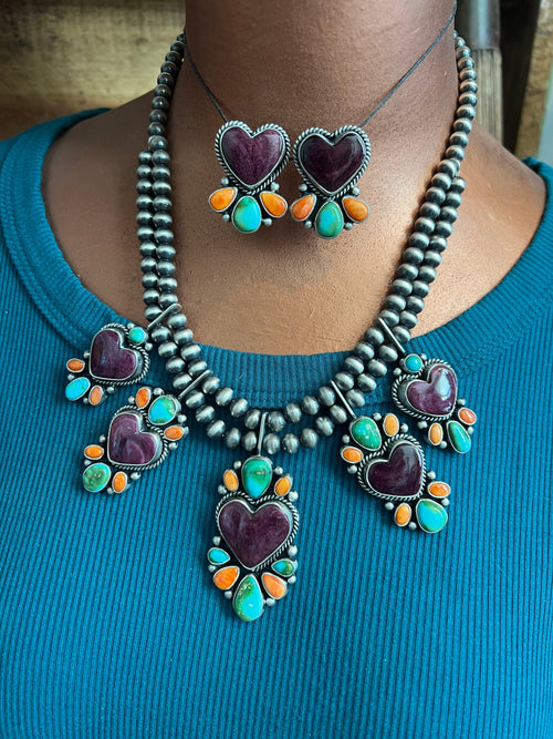 Navajo Made Sterling Silver Electric Rainbow Beaded Heart Cluster Necklace & Earrings Set by Angela Martin