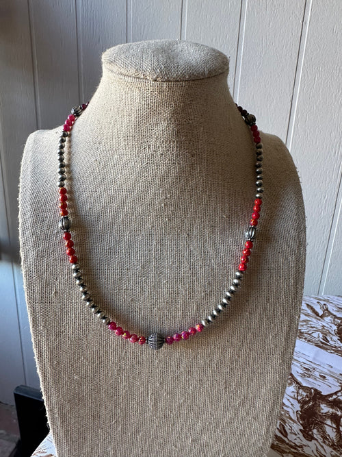 Handmade Navajo Pearl Style Sterling Silver, Red & Pink Fire Opal Beaded Necklace