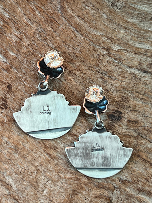 Handcrafted Beautiful Sterling Silver, Sonoran Turquoise and Spiny Oyster Shell Fruit Slice Concho Post Earrings by Loretta Delgarito