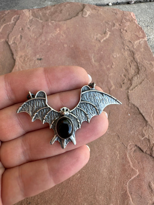 Beautiful Handmade Sterling Silver & Onyx Bat Single Stone Necklace