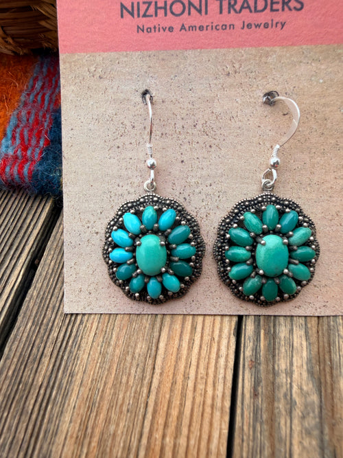 Old Pawn Handmade Sterling Silver & Turquoise Cluster Dangle Earrings