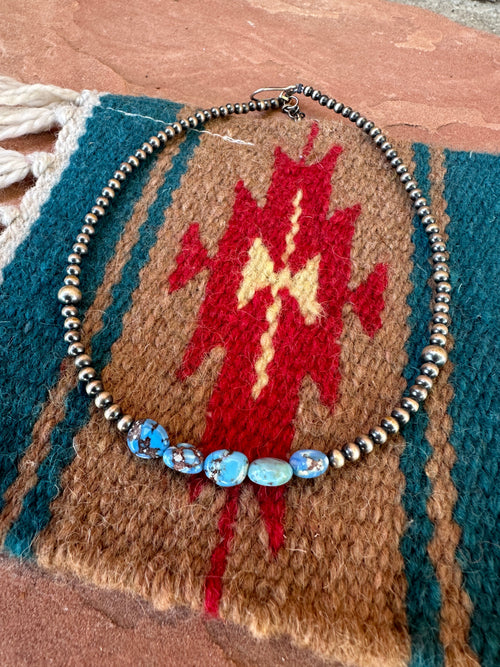 Handmade Golden Hills Turquoise & Sterling Silver Beaded Necklace