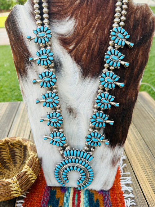 Old Pawn Handcrafted Turquoise & Sterling Silver Beaded Squash Blossom Necklace