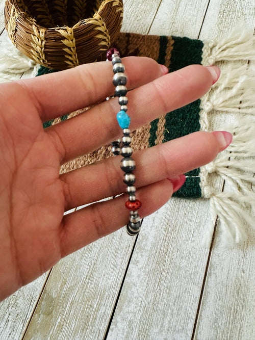 Navajo Sterling Silver Pearl, Spiny & Turquoise Beaded Bracelet