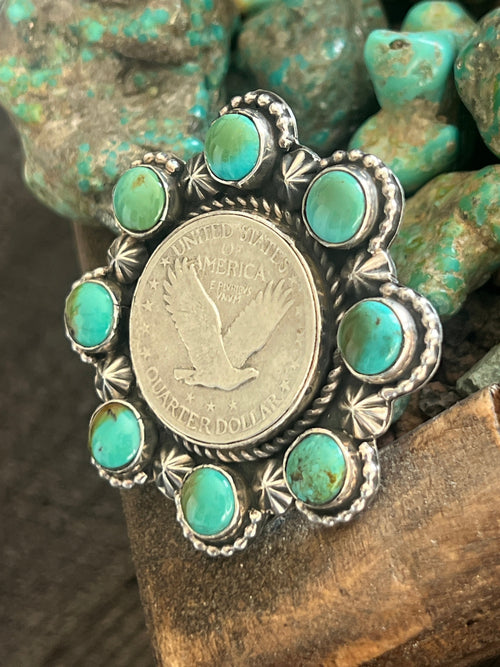 Apache Sterling Silver, Barber Quarter and Hubei Turquoise Cluster Ring by Rosella Paxson, Size 8