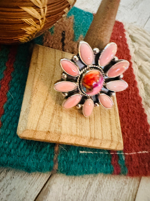 Navajo Sterling Silver, Queen Pink Conch & Pink Dream Cluster Adjustable Ring