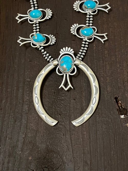 Handmade Sterling Silver & Kingman Turquoise Beaded Squash Blossom Naja Necklace