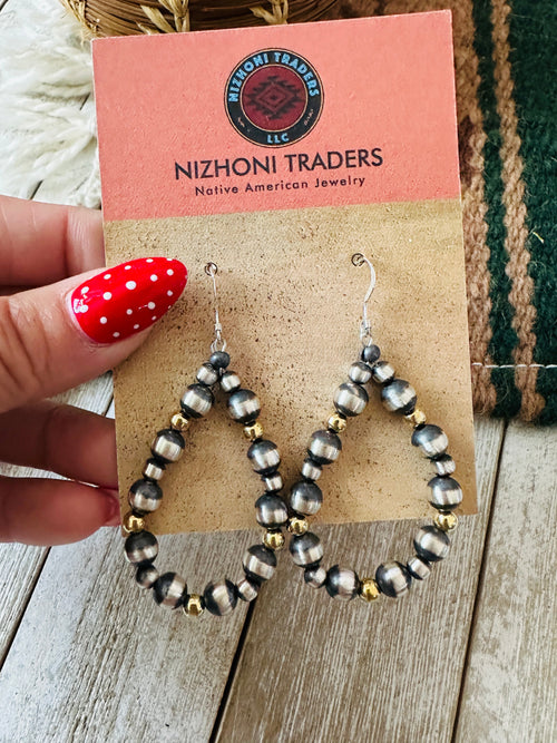 Navajo Gold & Sterling Silver Pearl Beaded Dangle Hoop Earrings