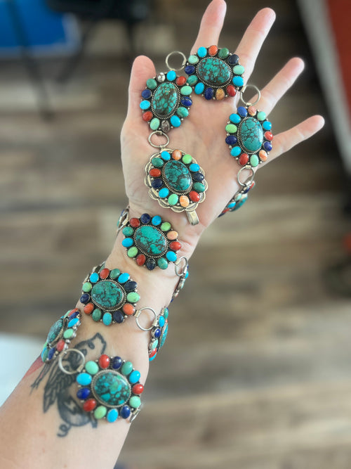 Stunning Estate Collection Handcrafted Sterling Silver and Multistone Cluster Link Concho Belt by Robert Shakey